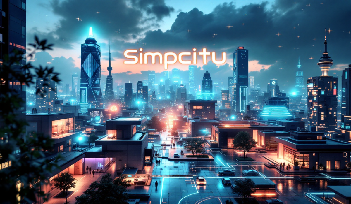 Futuristic smart home and city showcasing Simpcitu in bold and stylish text, highlighting AI, IoT, and automation-powered living solutions.